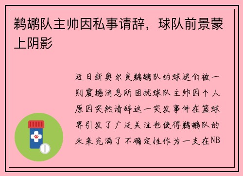 鹈鹕队主帅因私事请辞，球队前景蒙上阴影
